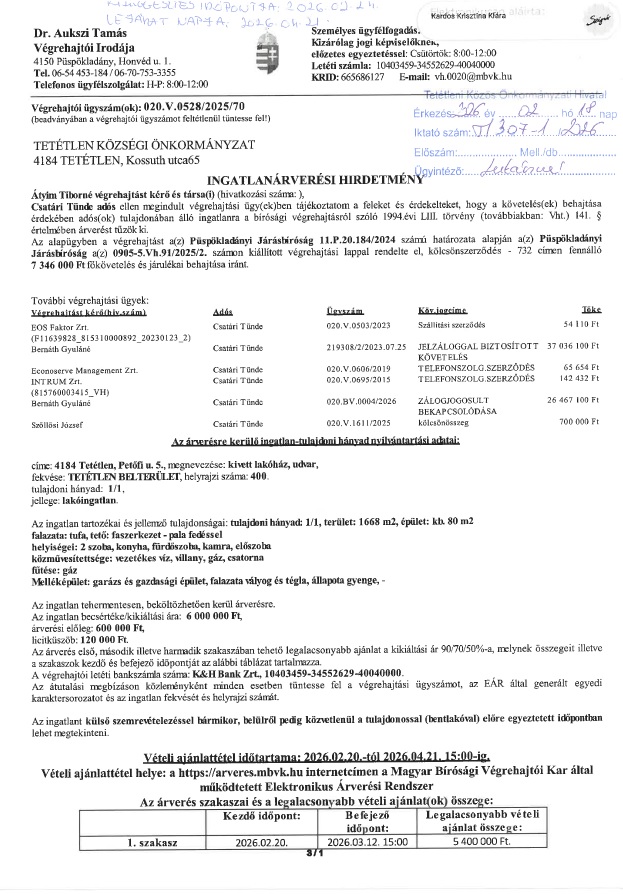 Ingatlanarveresi hirdetmeny 020 V 0528202570