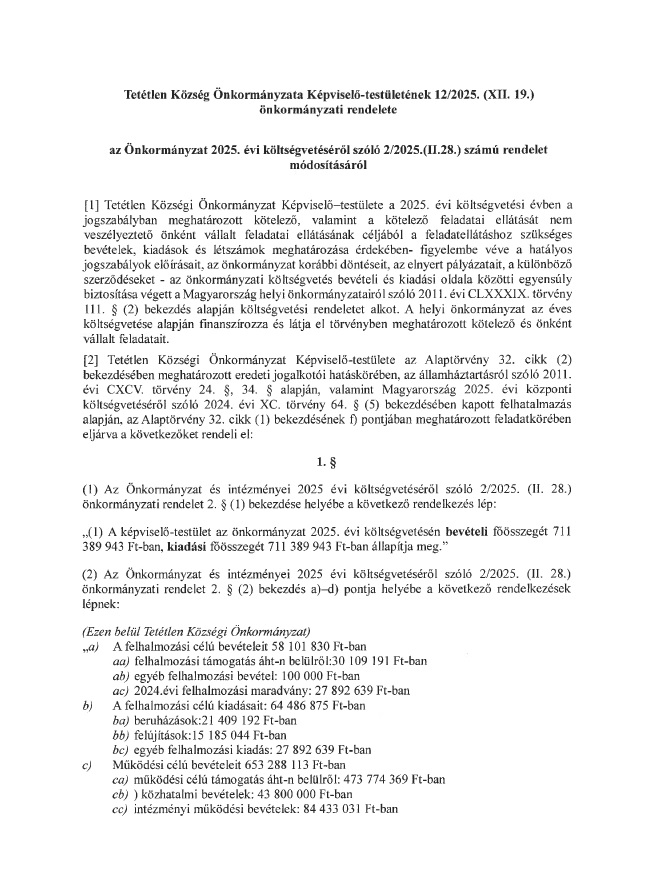 12 2025 XII 19 rendelet a 2025 evi koltsegvetes modositasarol