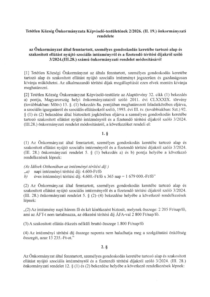 2 2026 II 19 onkormanyzati rendelet a szocialis intezmeny fizetendo teritesi dijakrol