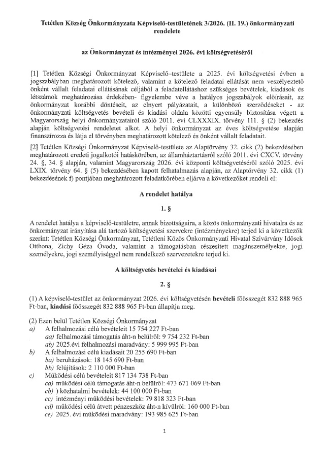 3 2026 II 19 onkormanyzati rendelet az onkormanyzat es  intezmenyei 2026 evi koltsegvetesrol es mellekletei