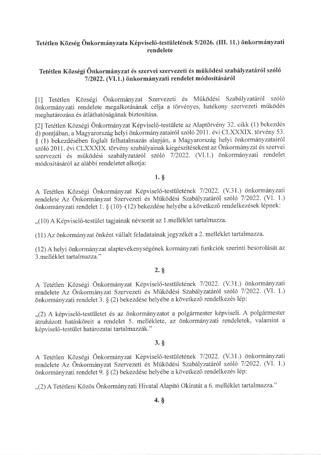 5 2026 III 11 Tetetlen Kozsegi Onkormanyzat es szervei szervezeti es mukodesi szabalyzatarol szolo 7 2022 VI 1 rendelet modositasa